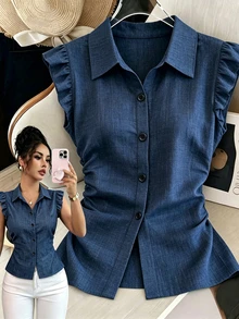 SHEIN Tall Women's Solid Color Short Flutter Sleeve Single-Breasted Casual Shirt - Blue - View 1