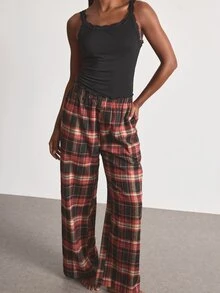 Ocili Women's Lace Trim Minimalist Comfortable Plaid Cotton Long Pants Drawstring Loungewear Set - Multicolor - View 5