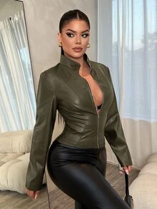 SHEIN SXY 性感修身長袖拉鍊夾克 - 墨綠色 - 查看 4