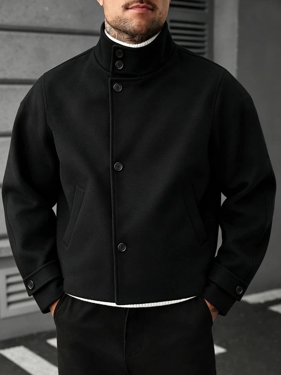 Manfinity Homme Men's Mature Casual Solid Color Wool Black Short Jacket, Best Choice For Holiday Gift - Black - View 1