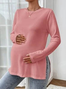 SHEIN 孕婦圓領長袖休閒T恤，側開衩下擺，春夏秋季適用 - 粉色 - 查看 6