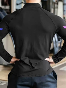 GymBeat 男士字母印花插肩袖長袖拉鍊運動夾克 - 黑色 - 查看 2