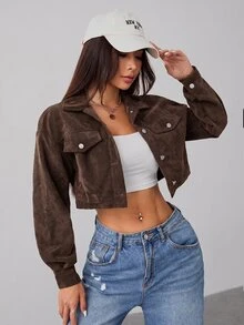 SHEIN PETITE 秋季女裝落肩翻蓋設計短版燈芯絨黑色夾克，適合嬌小女款，返校、上班、旅行、日常穿著、街頭休閒風 - 咖啡棕 - 查看 12