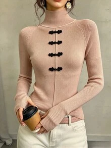 SHEIN 秋冬時尚新款中式拿破崙套頭毛衣 - 卡其色 - 查看 8