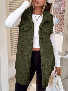 SHEIN EZwear Flap Detail Teddy Vest Coat Simple Fashionable Suitable For Winter - Army Green - View 7