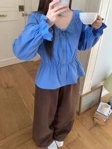 DAZY طقم ملابس منزلية كاجوال يومي للنساء بلون موحد، ملابس علوية بأكمام طويلة مطوية وبنطلون - الأزرق - مشاهدة 4