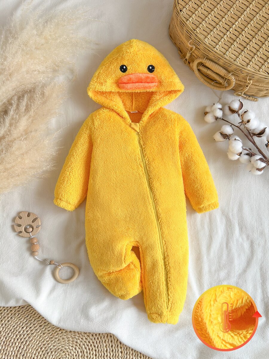 SHEIN Baby Girl Spider Print Hooded Fleece Romper - Yellow - View 1
