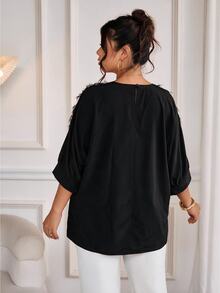 Cravure Plus Size Round Neck 3/4 Sleeve Short Sleeve Gold Foil Fabric Patchwork Contrast Color Woven Fabric Cuff Raglan Sleeve Casual Pullover Shirt For Outing, Vacation, Commute And Party - Black - View 2