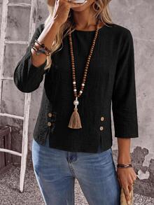 EMERY ROSE Women's Solid Color Round Neck 3/4 Sleeve Button Design Casual Shirt - Black - View 5