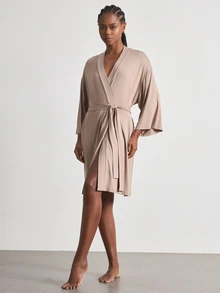 Ocili SHEINLeisure Ultra-Soft Plain Knit Robe, Blended Fabric, Silky, Can Be Paired With Any Basic Style - Khaki - View 4