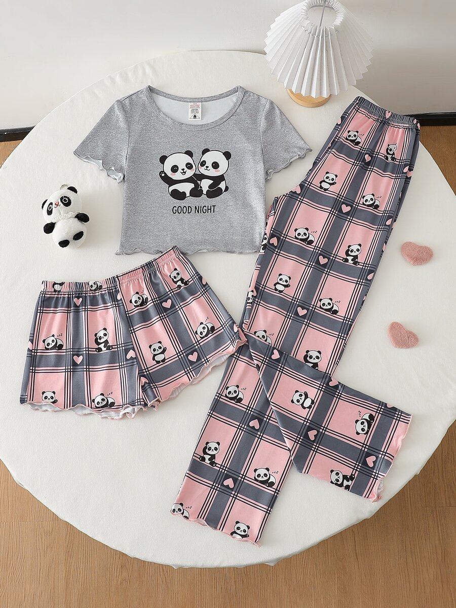 3pcs Tween Girl Koala Print Round Neck Short Sleeve Top, Plaid Elastic Waist Shorts/Pants Casual Pajama Set - Multicolor - View 1