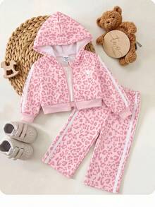 SHEIN Baby Girl Leopard Print Hooded Jacket And Striped Colorblock Pants Set - Pink - View 3