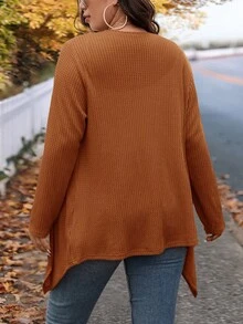 SHEIN LUNE 大尺碼冬季時尚不對稱領設計長版針織開襟衫，適合外出與上班，秋季穿搭 - 棕色 - 查看 2