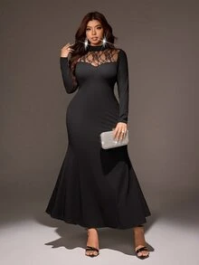 Viva Relle Plus Size Small Stand Collar Lace Patchwork Semi-Stand Collar Long Sleeve Dress Sexy Slim Fit Bodycon Mermaid Maxi Evening Gown - Black - View 3