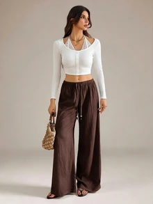 SHEIN Tall 女款素色休閒百搭日常穿著長褲 - 咖啡棕 - 查看 6