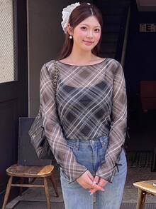 Bijouette 大尺碼格紋透視網紗船領蝴蝶結袖對比包邊上衣，格紋，透視網紗，日常通勤，咖啡廳，甜美風，秋季 - 黑色 - 查看 2