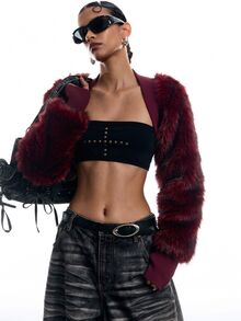 LYSMO Women's Solid Color Fashion Versatile Faux Fur Top, Fall Winter Jacket 2026 Y2k Streetwear Techno Sexy, Chic, New Year Christmas Plush Vest Burgundy - Burgundy - View 7