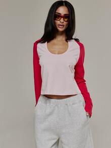 MUSERA Scoop Keyhole Front Fitted Contrast Colour Raglan Top Autumn Winter Fall Cute Basics Sexy Going Out Street Style - Multicolor - View 2