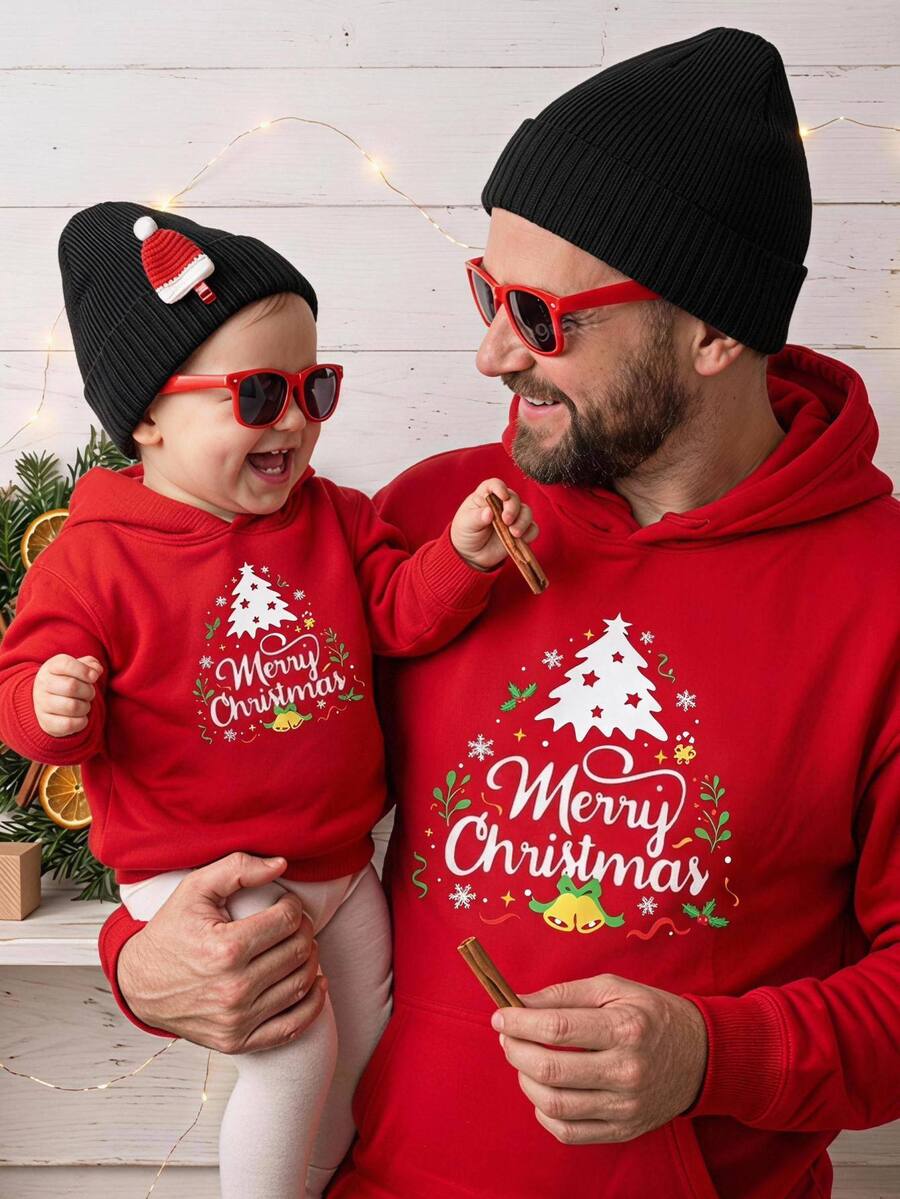SHEIN Baby Boys Christmas Tree & Snowflake Print Thick Crew Neck Hooded ...