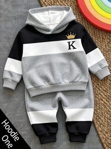 Infant & Toddler Hooded Casual Comfortable Sweatshirt, Classic Retro Striped Pattern Print, Cute & Cool Crown Pattern Print, Classic Text "King", K Pattern Print, Suitable For Autumn/Winter, Suitable For Back To School Season - White - View 1