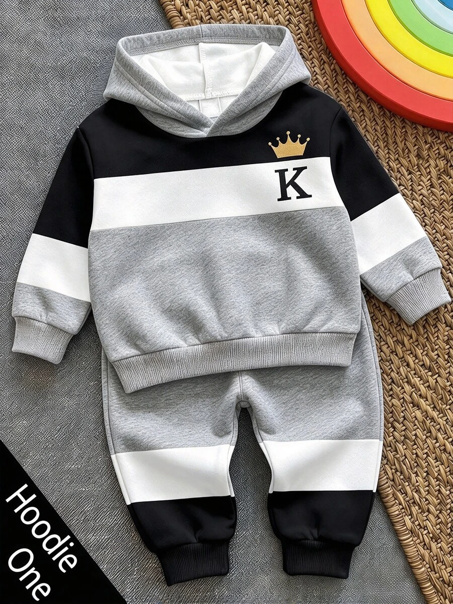 Infant & Toddler Hooded Casual Comfortable Sweatshirt, Classic Retro Striped Pattern Print, Cute & Cool Crown Pattern Print, Classic Text "King", K Pattern Print, Suitable For Autumn/Winter, Suitable For Back To School Season - White - View 1