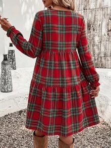 SHEIN VCAY 聖誕新年秋冬新款休閒簡約格紋圓領女款寬鬆中長洋裝 - 紅色 - 查看 2