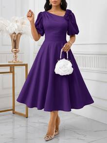 SHEIN Lady 女款優雅派對3D花卉裝飾中長洋裝 - 紫色 - 查看 5