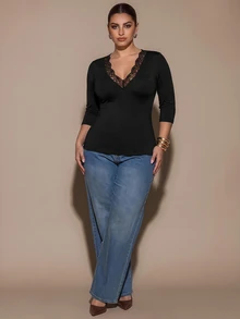 SHEIN BAE CURVE 大尺碼女款黑色中袖蕾絲上衣 - 黑色 - 查看 7