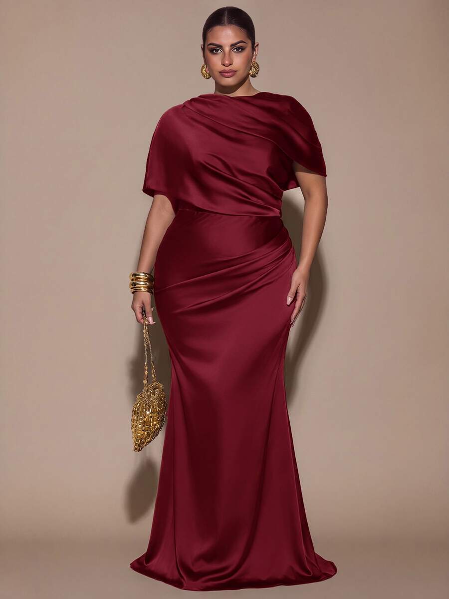 SHEIN BAE CURVE Plus Size Women's Elegant Brown Ruched Wrap Dress With Fishtail Hem Christmas - Burgundy - View 1