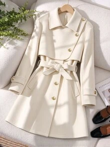 SHEIN Mantel Lengan Panjang dengan Ikat Pinggang untuk Anak Perempuan, Cocok untuk Musim Gugur/Dingin, Liburan, Kasual. - Krem - View 4