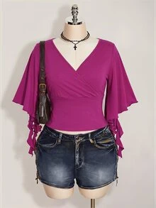 SHEIN ICON 女款大尺碼黑色夏季哥德風性感夜店約會派對 T-shirt，復古優雅 V 領荷葉袖修身 Y2K 風格 - 紫羅蘭色 - 查看 3