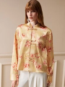 Arave Thickened Satin Stand Collar Frog Button Chinese Style Tie Dye Print Wide Sleeve Fashion Long Sleeve Shirt - Multicolor - View 4