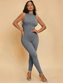 SHEIN SXY 素色小高領連身緊身衣 - 灰色 - 查看 1