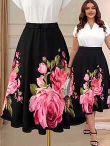 Rometta Plus Size High Waisted Skirt With Flared Hem Midi Skirt Fall - Multicolor - View 3