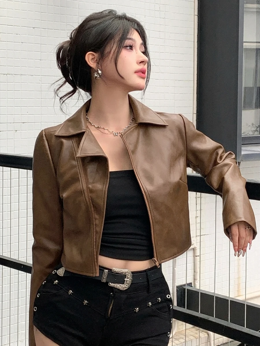 DAZY 女款棕色寬鬆休閒短款PU夾克,Y2K街頭風,適合秋冬派對與音樂節 - 棕色 - 查看 1