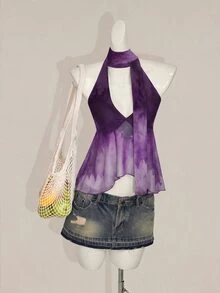 SHEIN ICON Y2K 夏季女款 V 領波西米亞海灘度假嘻皮風夏威夷娃娃裙式飄逸掛脖印花漸層青色背心上衣 - 紫色 - 查看 11