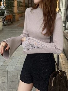 FRIFUL Women's Solid Color Stand Collar Contrast Lace Bell Sleeve Elegant Sweater - Grey - View 5