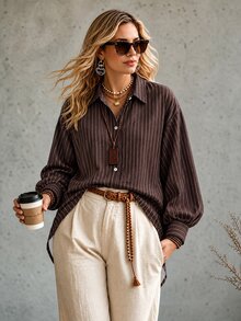 Ceyna Plus Striped Print Drop Shoulder Oversize Lantern Sleeve Shirt - Coffee Brown - View 4