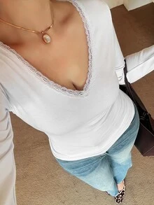 Livesso Contrast Lace V-Neck Simple Fitted Long Sleeve T-Shirt - Beige - View 3