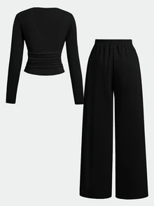 SHEIN Teen Girls Black Ribbed Knit Top And Casual Vintage Sweatpants 2 Pieces Set, Spring/Autumn - Black - View 3