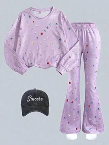 SHEIN ChillGRL Tween女孩秋季套裝 8-12歲 2件組，圓領長袖T恤與長褲，修身版型，秋季開學新款，百搭 - 紫色 - 查看 2