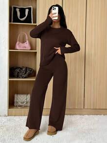 SHEIN PETITE 女款純色圓領長袖毛衣與長褲休閒套裝，標準版型，秋冬小碼居家室內度假咖啡棕 - 巧克力棕 - 查看 12