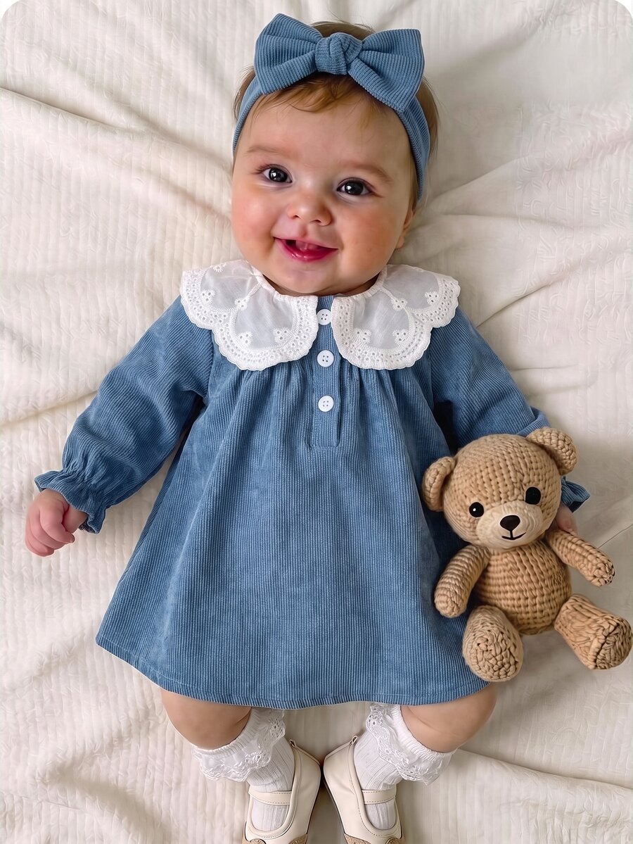 SHEIN Newborn Baby Peter Collar Ruffle Casual Daily Summer Dress - Blue - View 1
