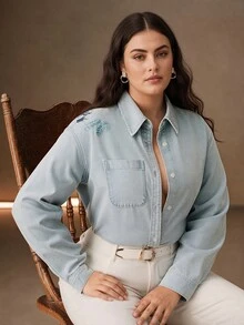 Anewsta Women's New Fashion Heavy Embroidery Hand-Sewn Beaded Tube Blue Oversized Top - Blue - View 6
