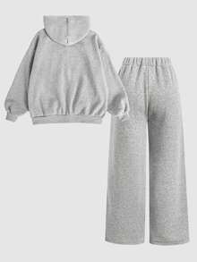 SHEIN 青少年女孩字母印花拉鍊連帽外套與運動長褲休閒套裝 - 淺灰色 - 查看 6