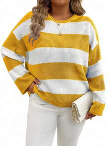 EMERY ROSE Plus Size Women Spring And Autumn Loose Round Neck Drop-Shoulder Long Sleeve Striped Casual Pullover Sweater, Winter Knit Pullover Fall - Light Yellow - View 3