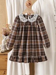 Girls' Vintage Brown Plaid Long Sleeve Princess Dress With Lapel Collar, Pastoral Style - Multicolor - View 3
