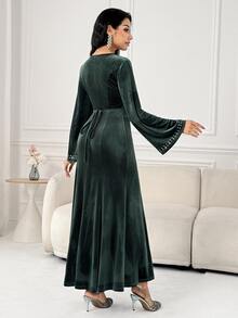 Al Najma Women's Round Neck Flared Sleeve Rhinestone Decor Mermaid Hem Elegant Arabian Dress - Green - View 2