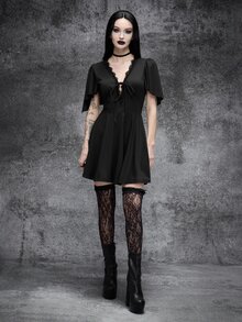 Cryptelle Women's Gothic Lace V-Neck Tie Front Mini Dress Autumn/Winter Black Halloween Party Night Outfit - Black - View 4