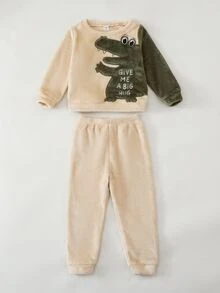SHEIN Bộ đồ ngủ 2 món họa tiết khủng long hoa, cổ tròn, vai thường, tay dài, quần dài, chất nỉ san hô mềm mại thoải mái hai mặt - Nhiều màu - Xem 5